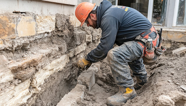 Construction worker laying stone foundation of house wearing safety gear