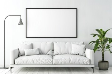 Minimalist white living room interior with empty frame, sofa, and potted plant. Modern home decor.