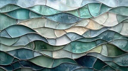 Obraz premium Asymmetrical glass tile mosaic, fluid wave-like design, mixed media, soft pastel blues and greens, shimmering with sunlight reflections