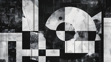 A unique black and white collage art piece combining vintage photos with abstract shapes, resulting in a visually striking composition. 8k UHD, suitable for high-quality printing or digital 