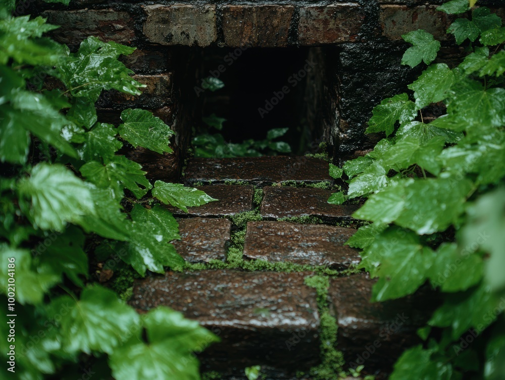 Poster Overgrown brick steps in lush green foliage