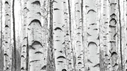 Fototapeta premium serene black-and-white image of a birch tree forest, featuring tall white trunks with distinct black markings
