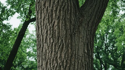Fototapeta premium Close up of a tree trunk with rough bark texture and a blurred background of green leaves in a forest