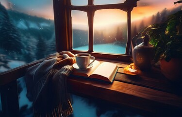 A cup of coffee, book, and a blanket sit on a wooden surface by a window overlooking a wintery...