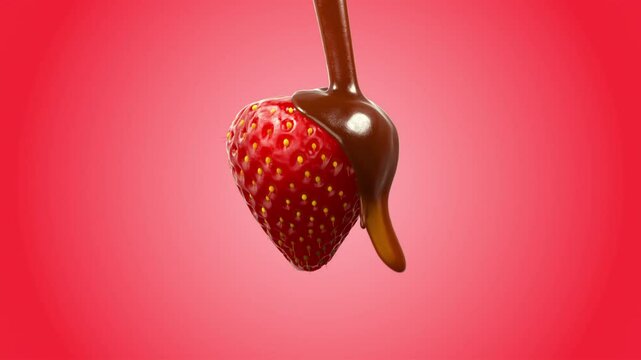 Closeup Choclate sauce drip on red strawberry isolate on pink background. 3D Animation.