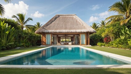 luxurious tropical villa with a thatched roof and wooden structure, surrounded by lush greenery.