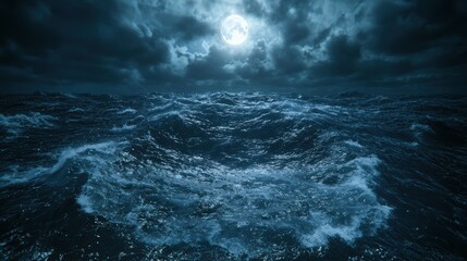Obraz premium Stormy night at sea under a full moon