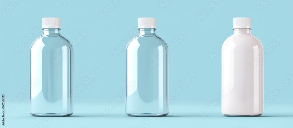 Sticker Three glass bottles with white caps on a blue background.  The bottle on the right is opaque while the other two are transparent.