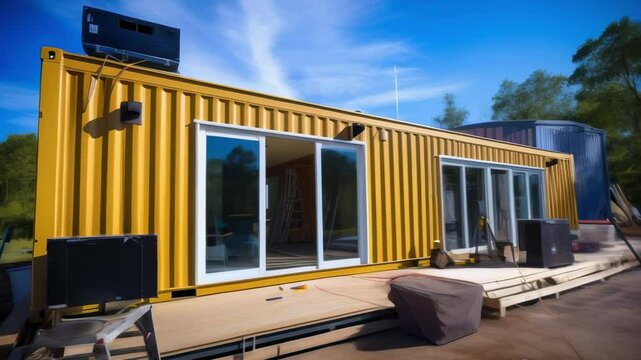 Team of construction workers builds a modern home using recycled shipping containers and sustainable materials, blending contemporary style with green living trends under a clear blue sky