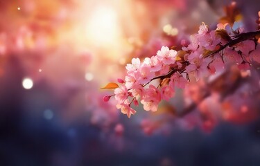 Obraz premium Pink blossoms on a branch with a bright sun shining through the background.