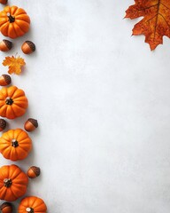 Autumn background with pumpkins and leaves and nuts. Top view with copy space