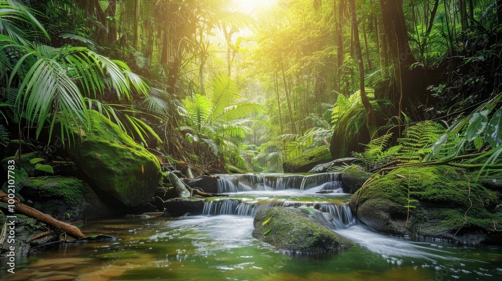 Wall mural Serene Forest Stream with Lush Greenery and Sunlight