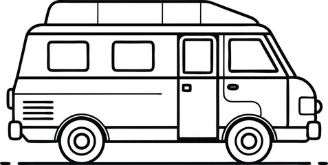 Modern Camper Van silhouette, Vector line art icon illustration on black and white.