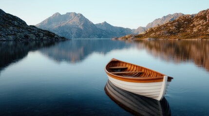 Obraz premium serene mountain lake with wooden boat