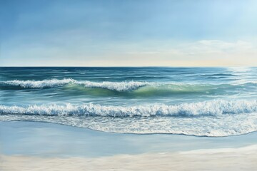 Obraz premium Calm blue ocean waves crashing on the sandy shore on a sunny day.