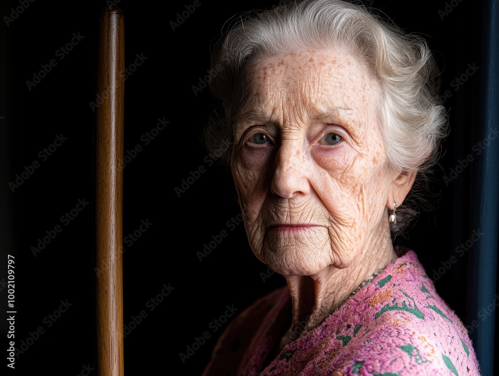 Sticker Elderly woman with wrinkled face and gray hair