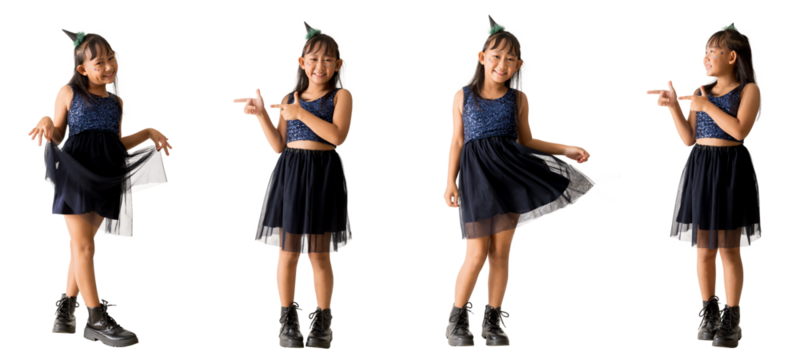 Set of happy smiling Asian child girl dancing wear halloween witch costume, with looking surprise posing full body portrait, isolated on white background, png