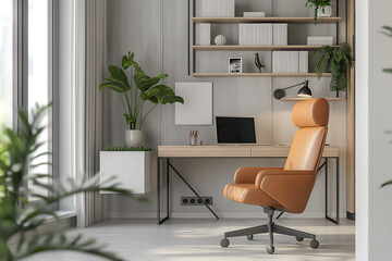 Office interior backdrop for online meetings. Home office setting background. Biophilic minimalist online workspace aesthetics.  Video conferencing room design.