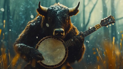 Fototapeta premium Bison Playing Banjo in Surreal Forest