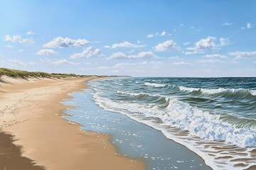 Fototapeta premium Tranquil beach scene with the ocean waves lapping at the shore under a clear blue sky.