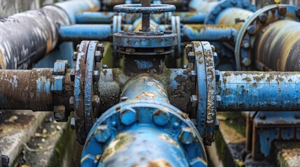 Industrial Blue Pipes and Valves in Close-Up View