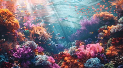 Fototapeta premium Vibrant Coral Reef Underwater Scene with Marine Life
