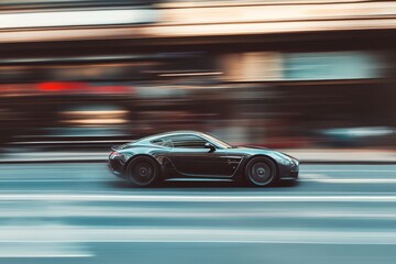 A sleek black sports car speeds down the road, blurred by the motion of the vehicle.