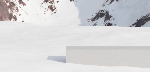 3D Snowy Product Display Advertisement winter scene. Rectangular stone platform on the right side up to center in front snow capped mountains. Snow landscape scene. Winter advertising template scene.