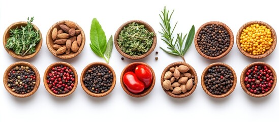 Various spices and herbs in wooden bowls on white background.