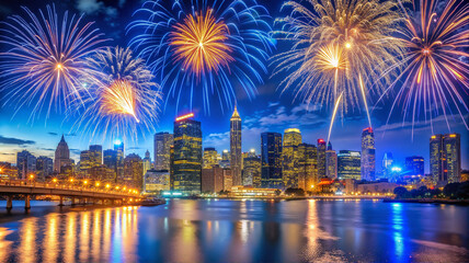 Fototapeta premium Colorful fireworks over a city skyline at night