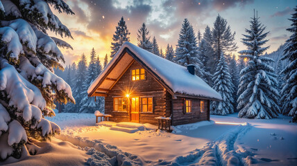 Fototapeta premium Cozy snow-covered cabin in a winter forest at sunset