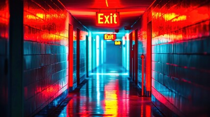 Bright red exit sign is illuminating a brick wall in a dark hallway
