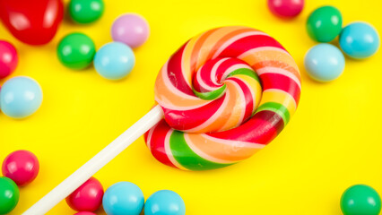 Colorful Candy Lollipop and Gumballs on Yellow Background