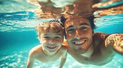 Happy father and son swimming in a pool at sunset