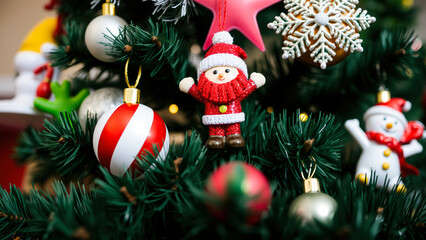 Christmas Ornament Decorations on a Green Pine Tree