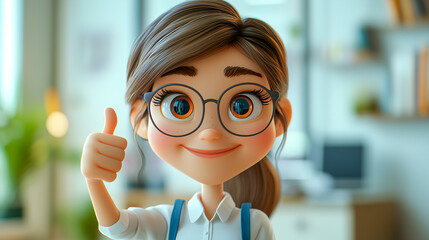 A 3D cartoon rendering of a smiling girl with large glasses giving a cheerful thumbs up. She is wearing a white shirt and has a positive and encouraging expression, set in a bright office environment.