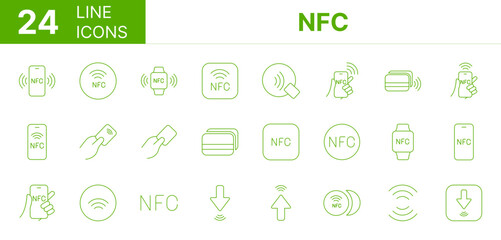 Collection of 24 NFC line icons featuring editable strokes. These outline icons depict various modes of NFC, cashless, digital payment, payment terminal,