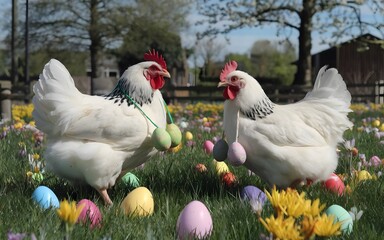 Fototapeta premium Two cute white chickens are sitting together in a bright field