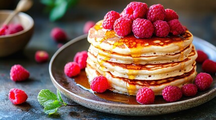 Stack of pancakes is topped with raspberries and syrup on a plate
