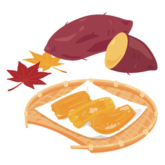 さつまいもとザルに盛られた干し芋