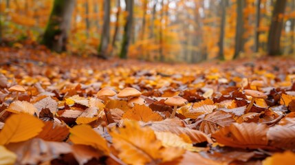 Autumn Forest Path with Mushrooms and Fallen Leaves