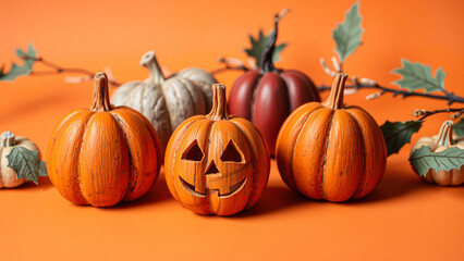 Jack-o'-lantern Pumpkins on Orange Background