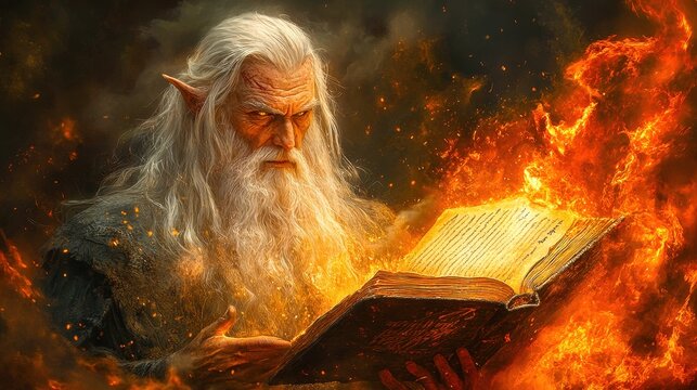 Powerful elf wizard casting fire spells from magic book