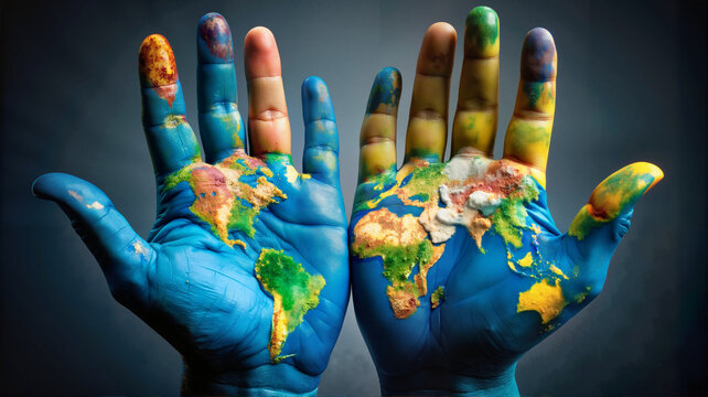 World map painted on human hands representing global unity