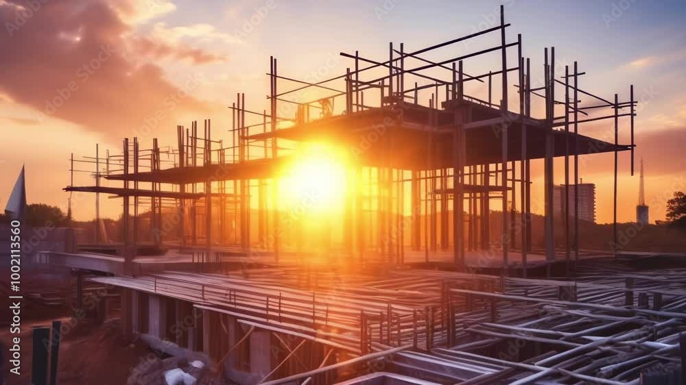 Poster the sun sets over a busy construction site with a new building rising, enveloped in a warm glow. ste