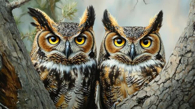 Two Great Horned Owls Perched on a Branch
