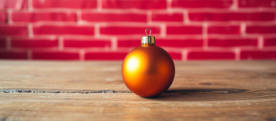 Golden Christmas Ornament on Wooden Table with Red Brick Background