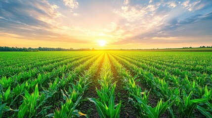 Green corn field growing under cloudy blue sky