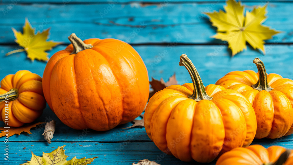 Sticker Pumpkins and Autumn Leaves on Blue Wooden Background