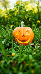 Obraz premium Carved Pumpkin in a Field of Green
